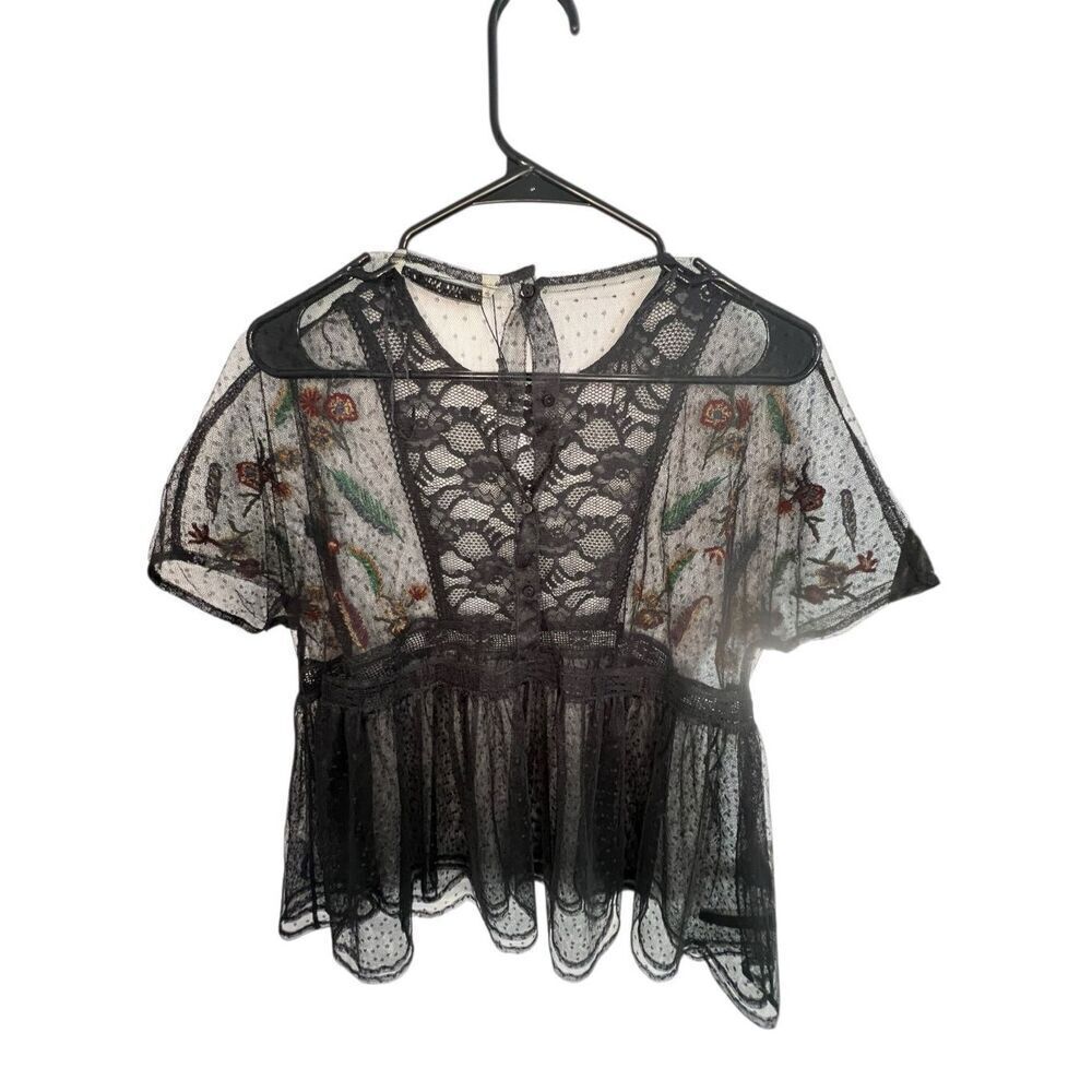 NWT ZARA Floral Embroidered Lace Sheer Short Sleeve Blouse - Picture 4 of 5
